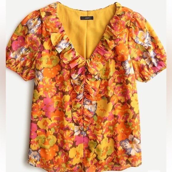 J Crew floral ruffle short sleeve too S NWT - Picture 1 of 7